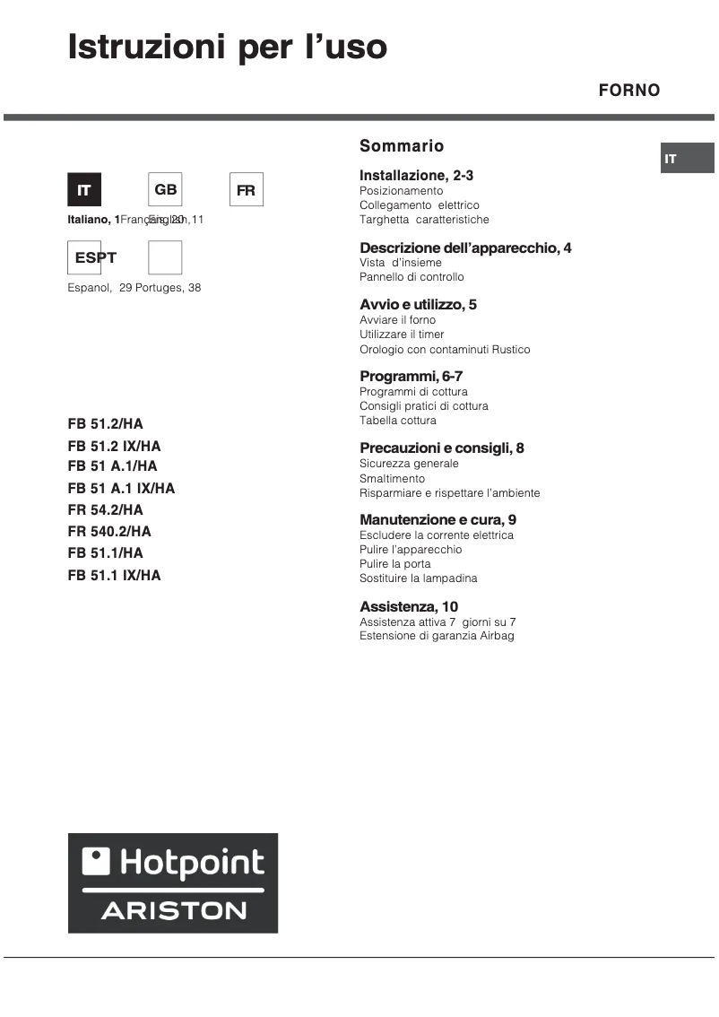 Page n°1 - Manuel utilisateur Hotpoint Ariston FB 51.1 IX/HA