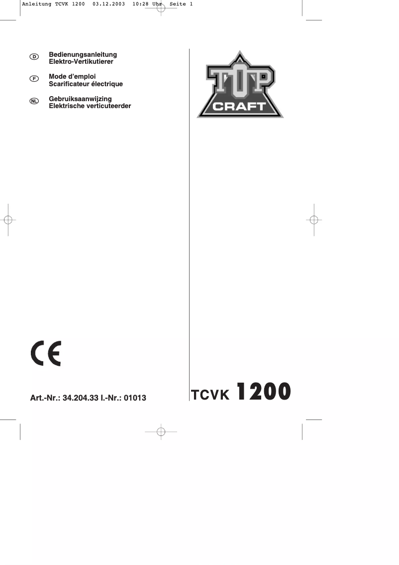 Page n°1 - Manuel utilisateur Topcraft TCVK 1200
