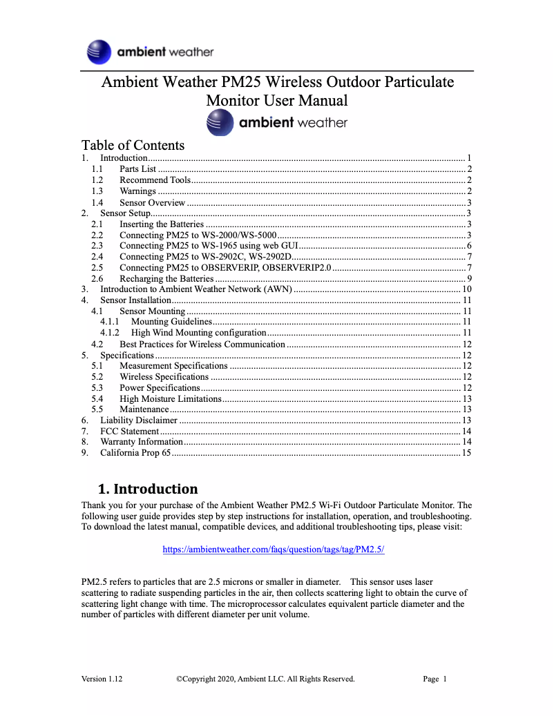 Page n°1 - Manuel utilisateur Ambient Weather PM2.5IN