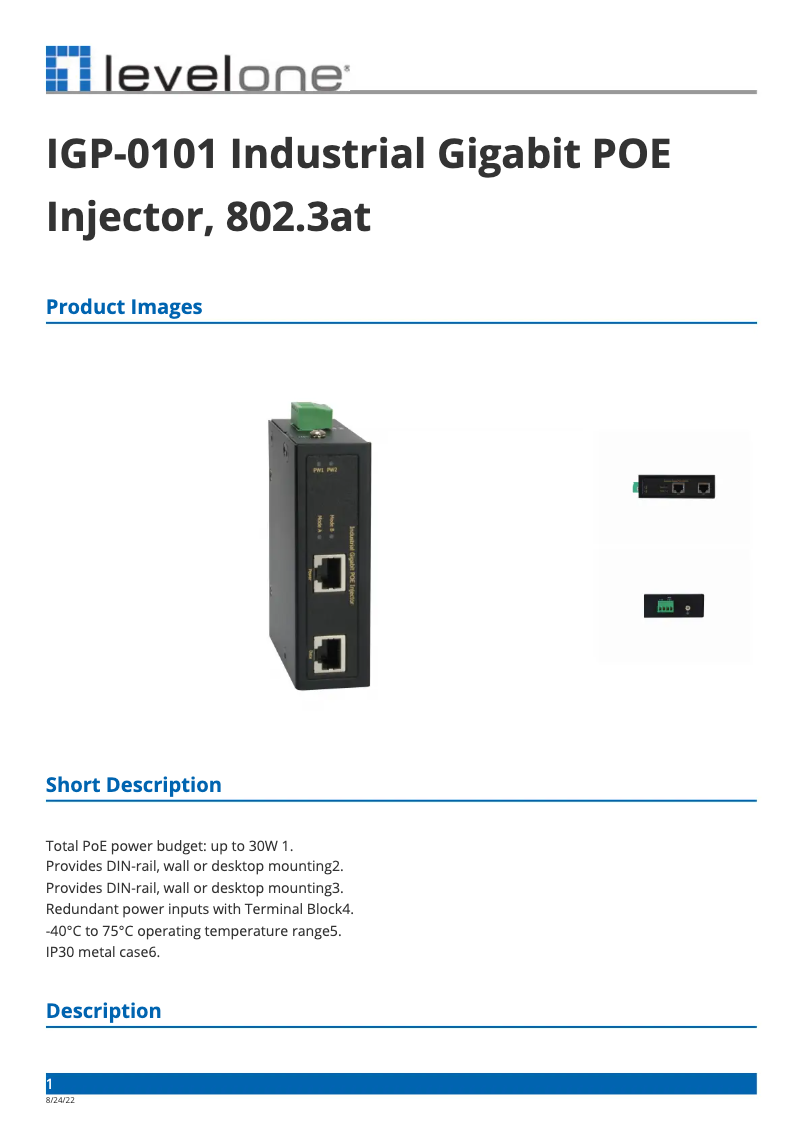 Page 1 de la notice Fiche technique LevelOne IGP-0101