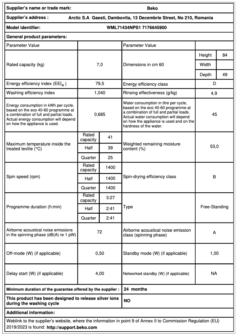 Page 1 de la notice Fiche technique Beko WML71434NPS1