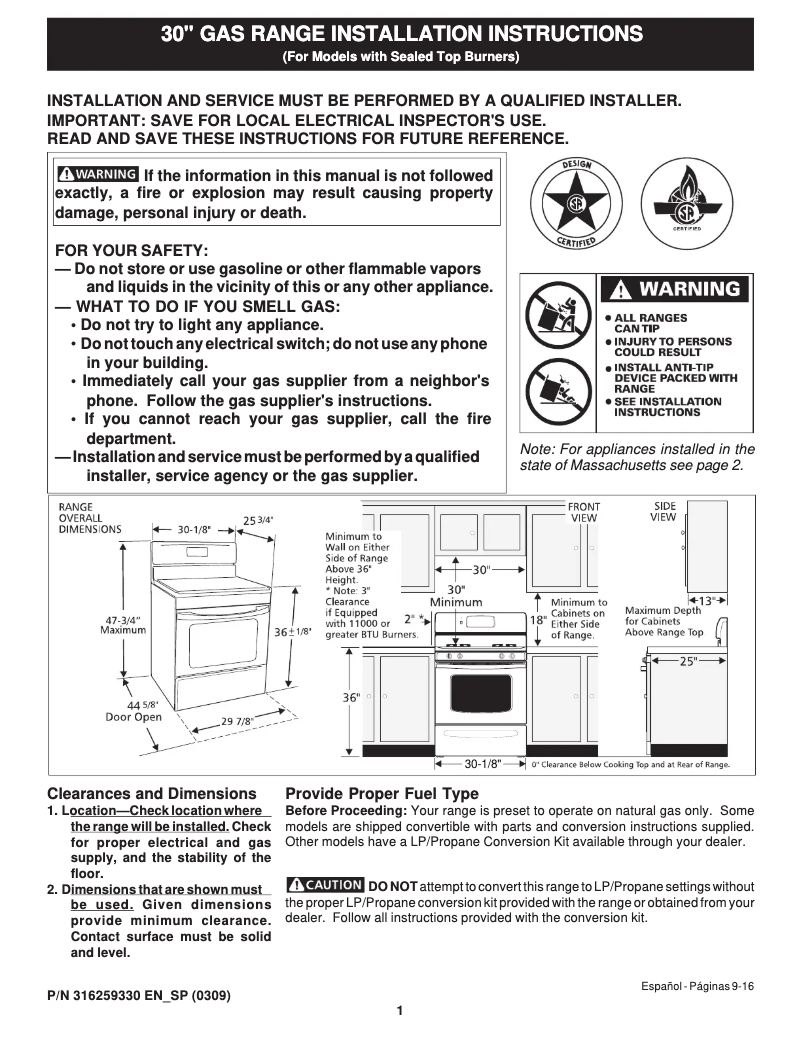 Page n°1 - Guide d'installation Frigidaire PLGF389CC