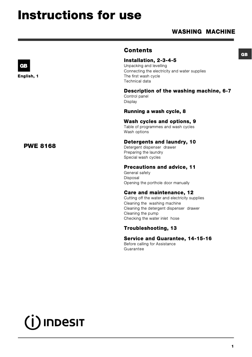 Image de la première page du manuel de l'appareil PWE 8168 S (UK)