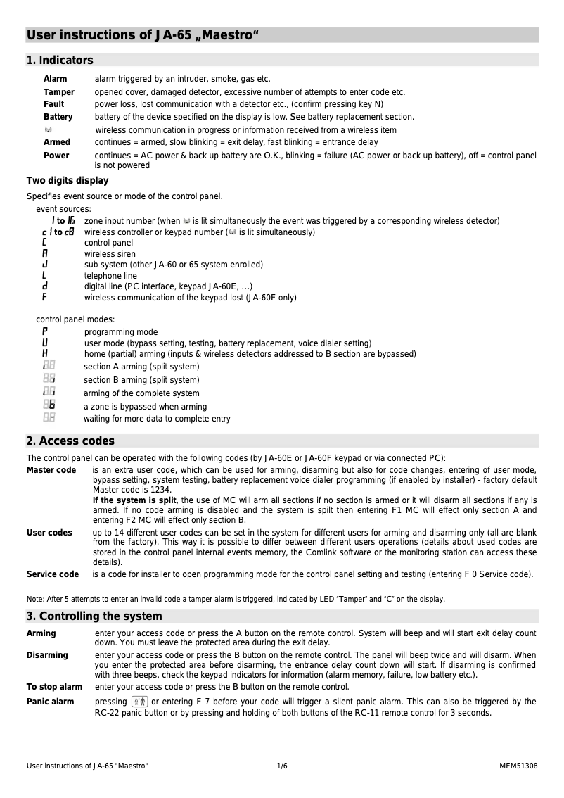 Page 1 de la notice Manuel utilisateur Joblotron JA-65 Maestro
