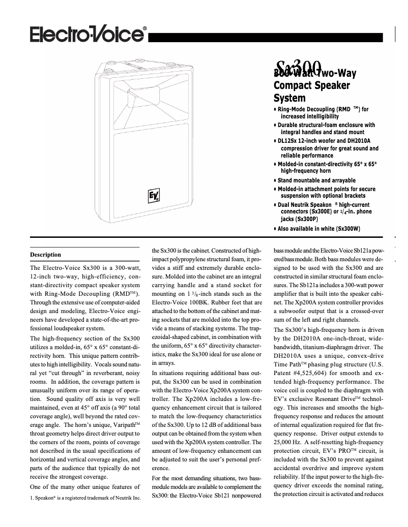Page 1 de la notice Manuel utilisateur Electro-Voice Sx300PIX