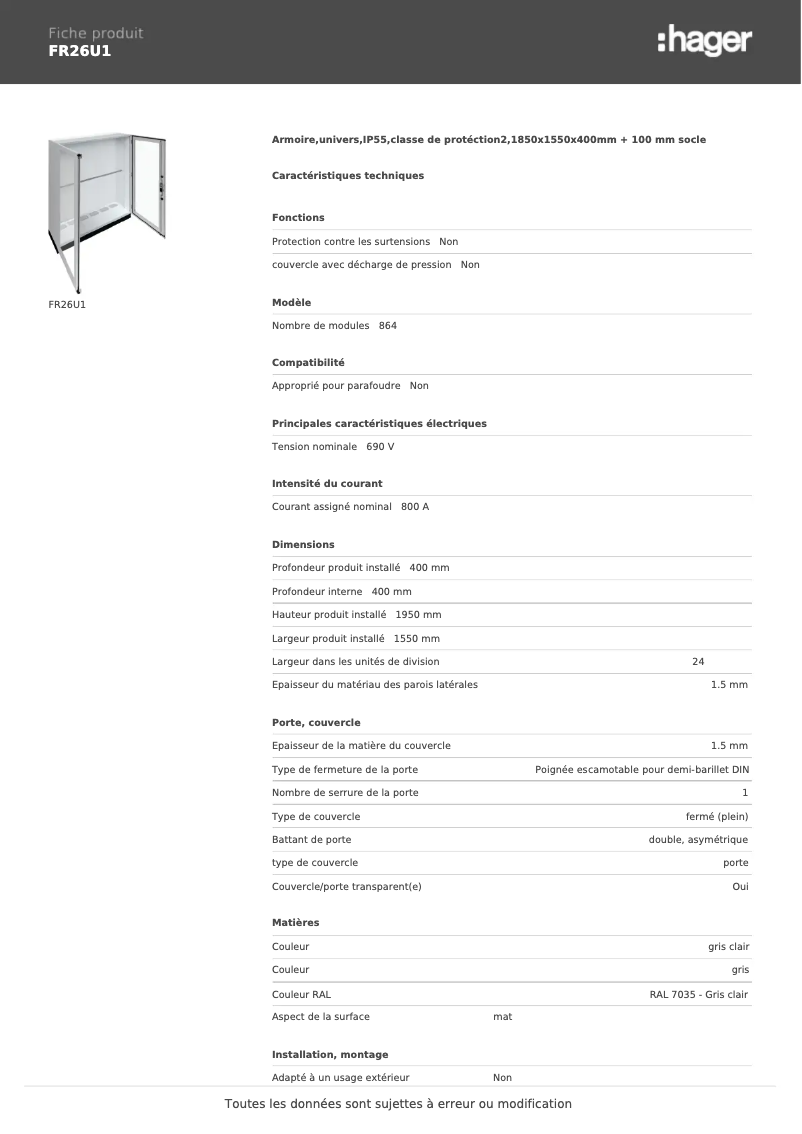 Page n°1 - Fiche technique Hager FR26U1