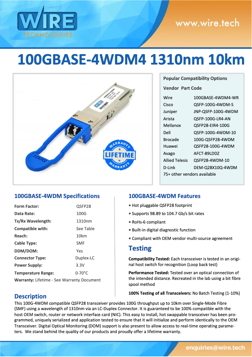 Page 1 de la notice Manuel utilisateur Wire Technologies 100GBASE-4WDM-WR
