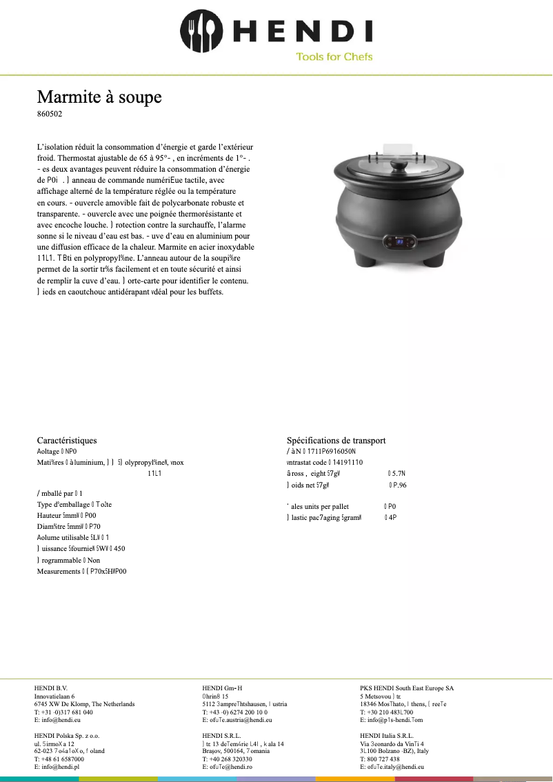 Page 1 de la notice Fiche technique Hendi 860502