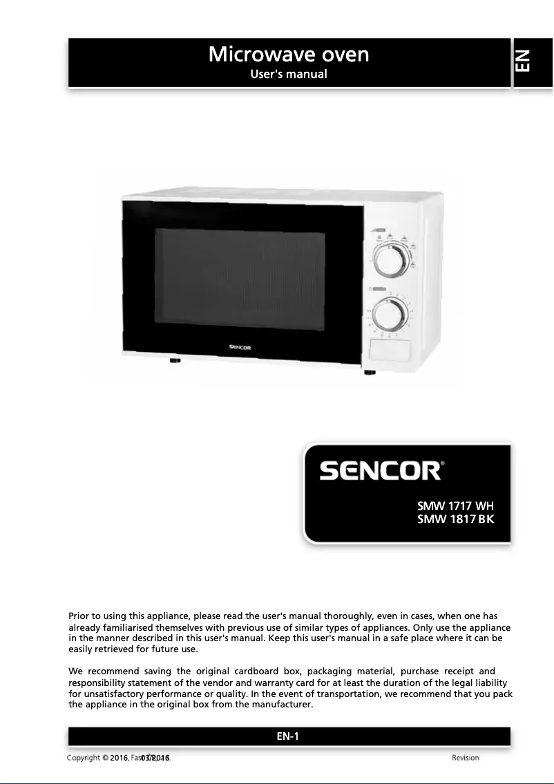 Page 1 de la notice Manuel utilisateur Sencor SMW 1817BK