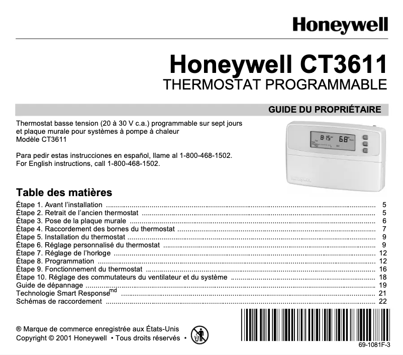 Page n°1 - Manuel utilisateur Honeywell CT3611