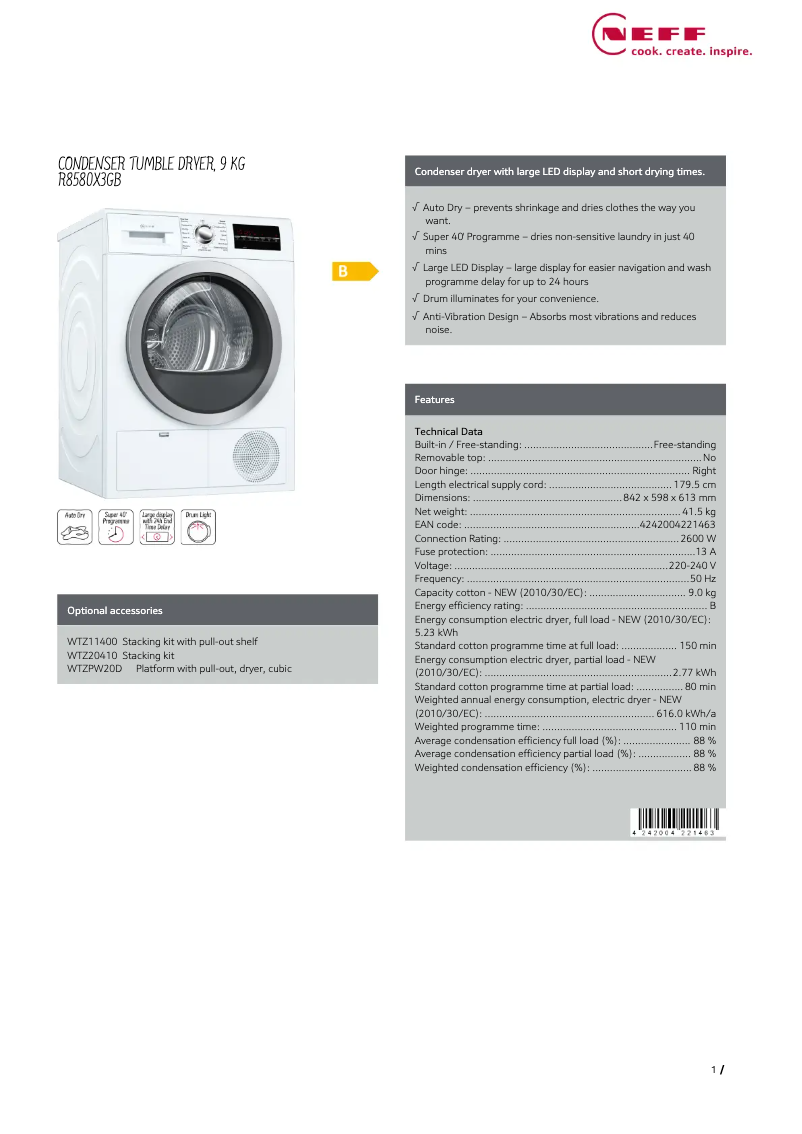 Page 1 of the manual Technical Sheet Neff R8580X3GB