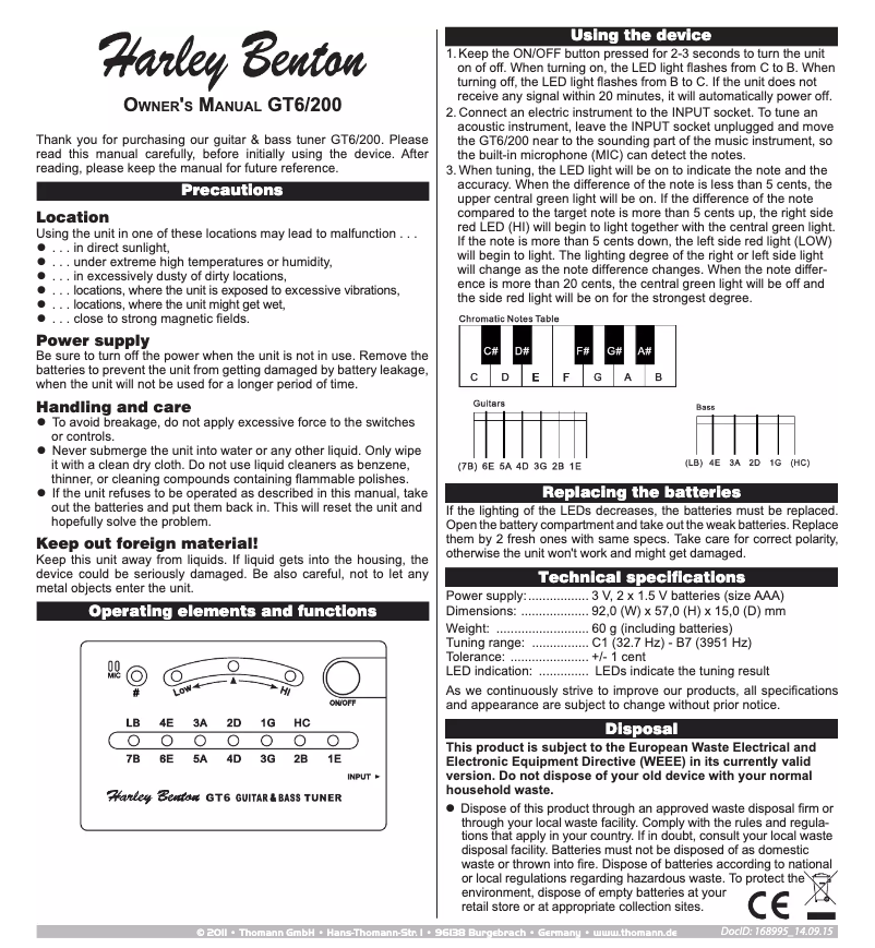Page 1 de la notice Manuel utilisateur Harley Benton GT6