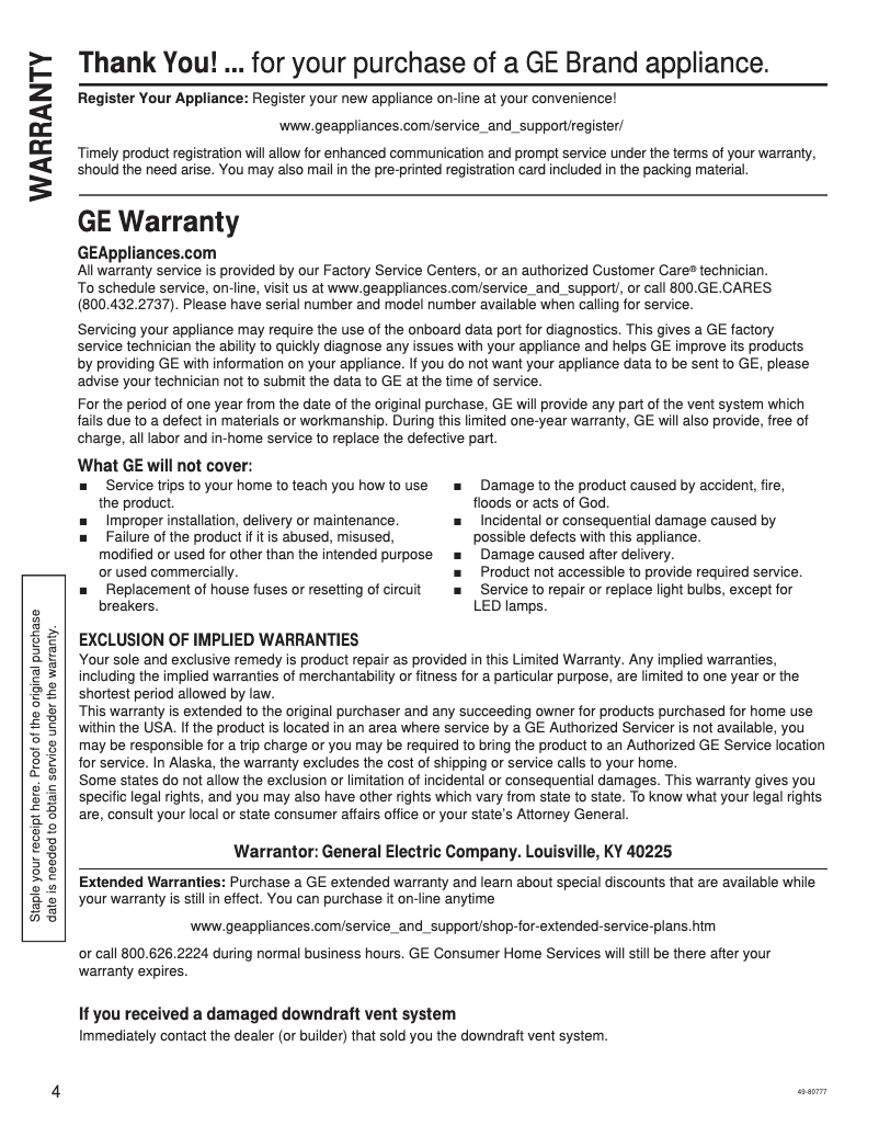 Page 1 of the manual Warranty Information GE UCG1500NBB