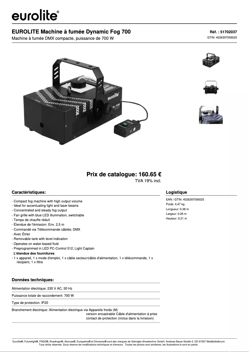 Page 1 de la notice Fiche technique Eurolite Dynamic Fog 700