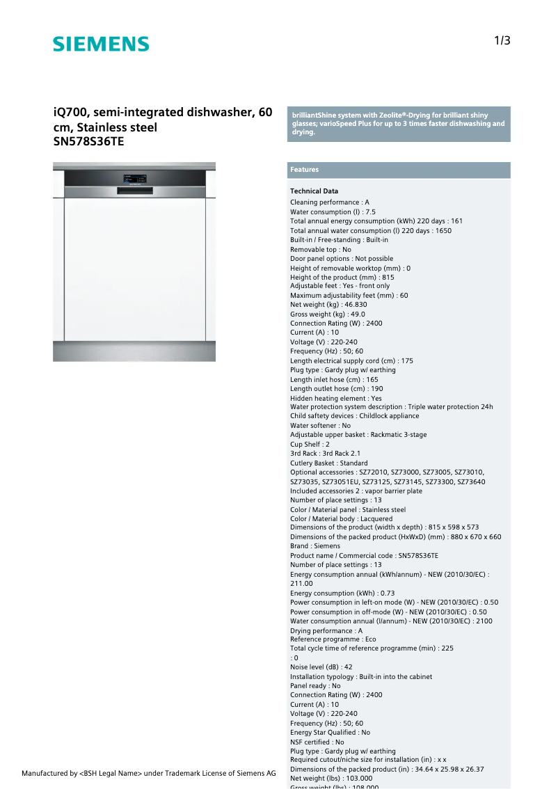 Página 1 del manual Ficha técnica Siemens SN578S36TE