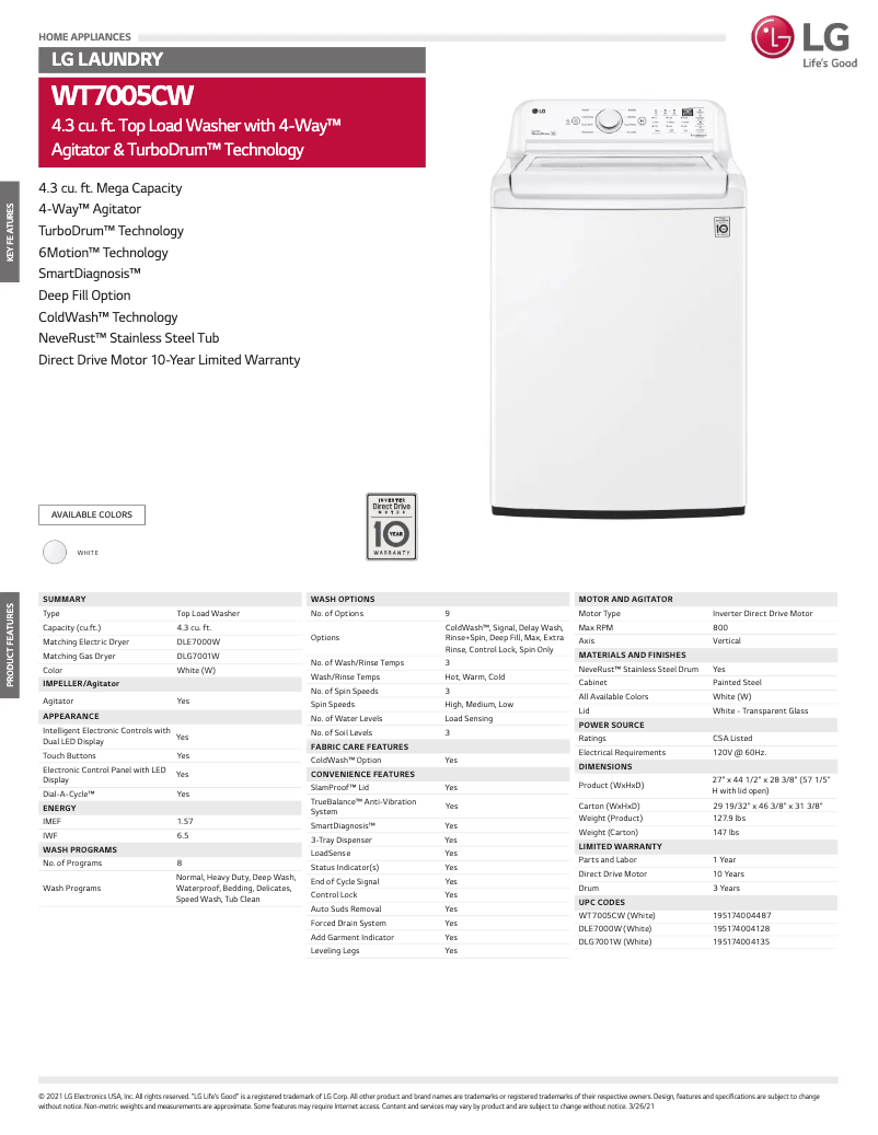 Page 1 de la notice Fiche technique LG WT7005CW