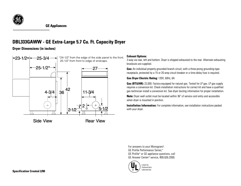 Página 1 del manual Ficha técnica GE DBL333GACC