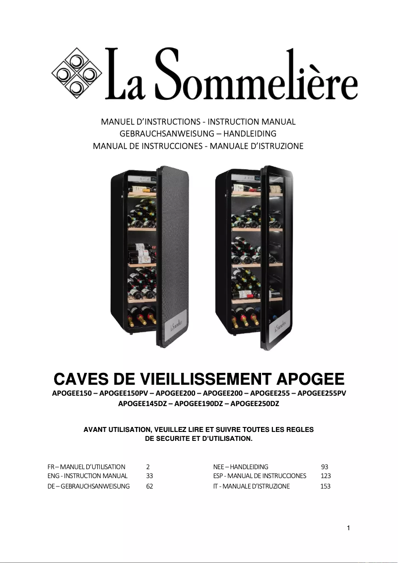 Page n°1 - Manuel utilisateur La Sommelière APOGEE145DZ