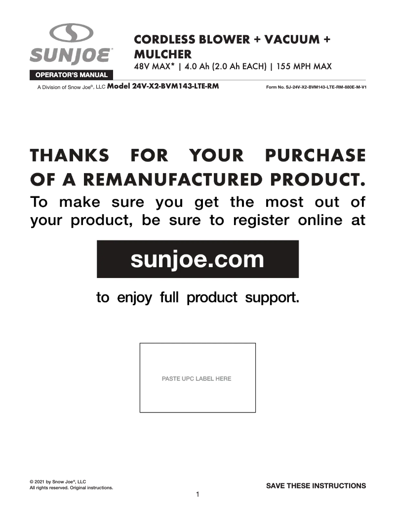 Page n°1 - Manuel utilisateur Sun Joe 24V-X2-BVM143-LTE-RM