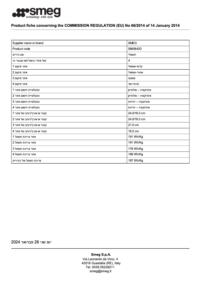 Page n°1 - Fiche technique Smeg SIM3843D