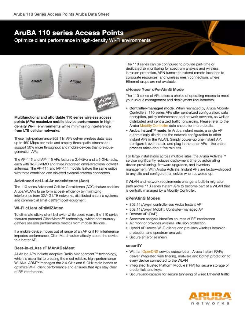 Page n°1 - Manuel utilisateur Aruba AP-114