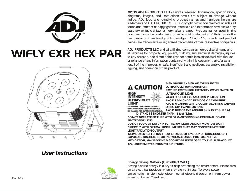 Page 1 de la notice Manuel utilisateur Adj WiFLY EXR Hex Par