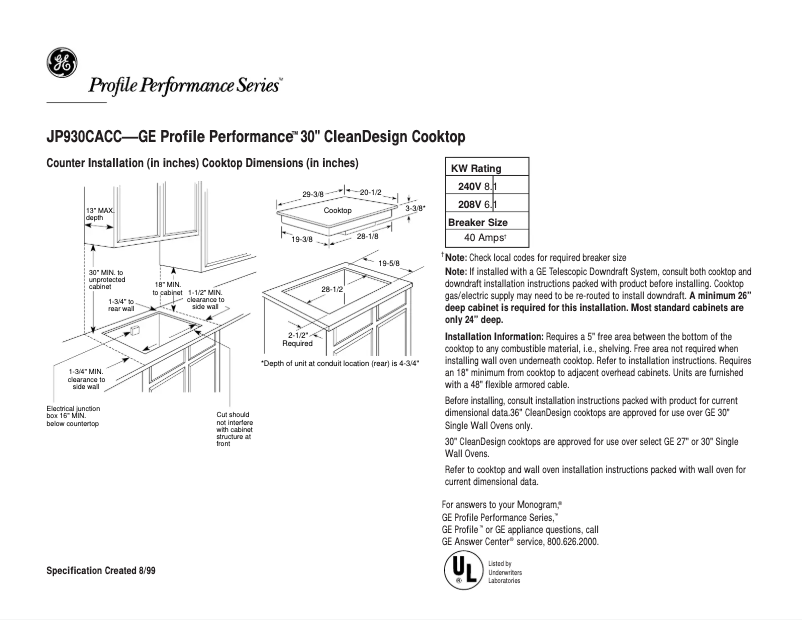 Page 1 of the manual Technical Sheet GE Profile Performance JP930CACC