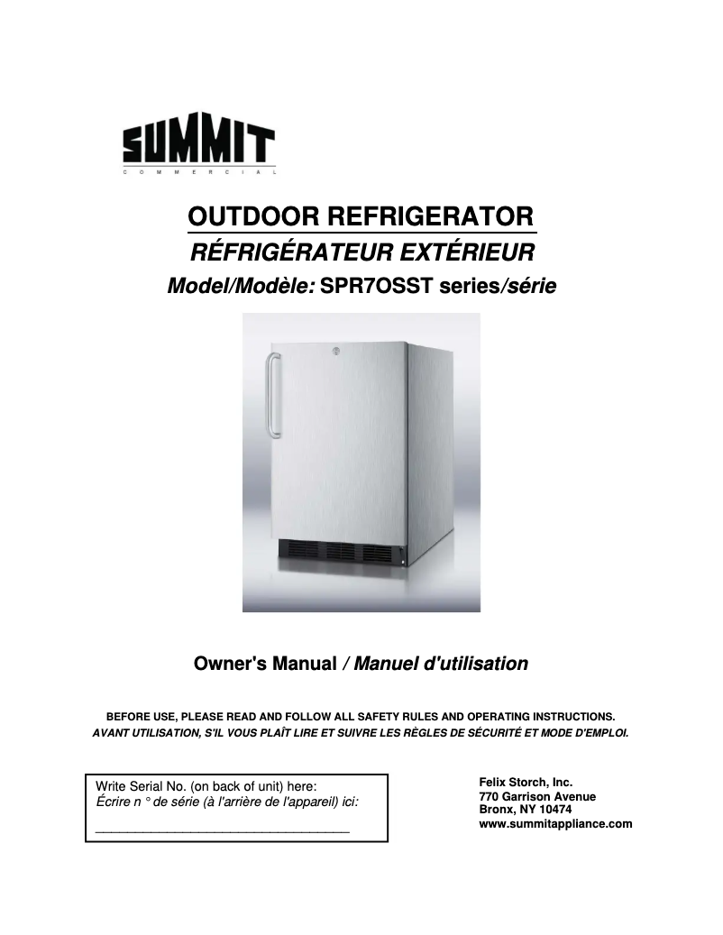 Page 1 de la notice Manuel utilisateur Summit SPR7OSSTADA