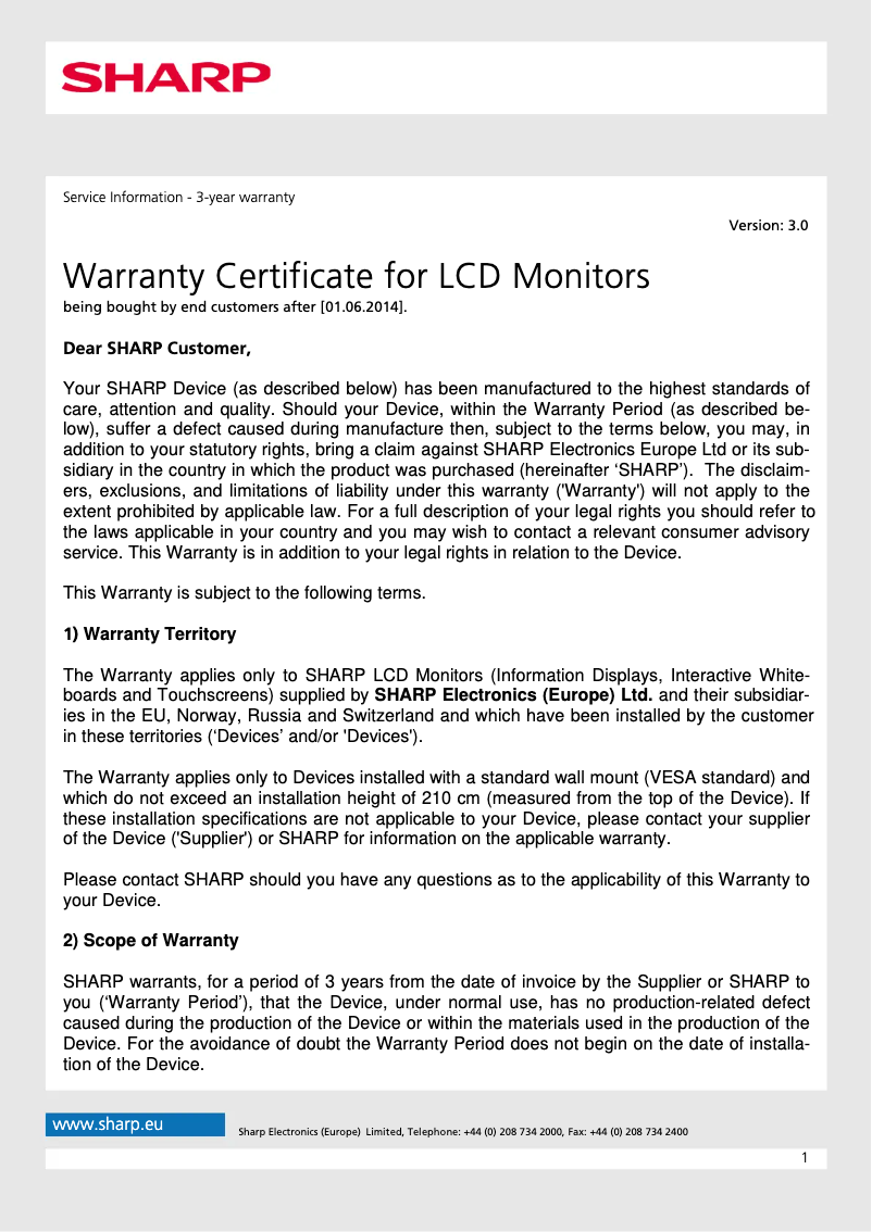 Page 1 de la notice Informations de garantie Sharp PN-L752B
