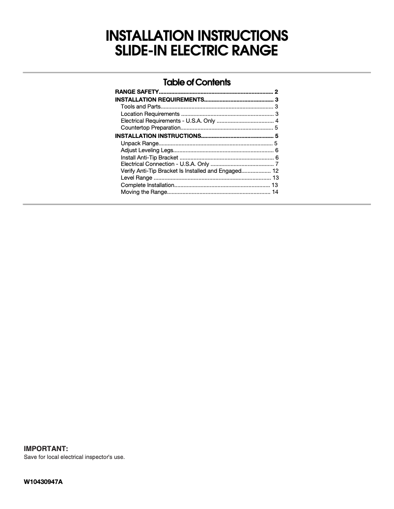 Page 1 de la notice Instructions / montage Whirlpool RY160LXTB