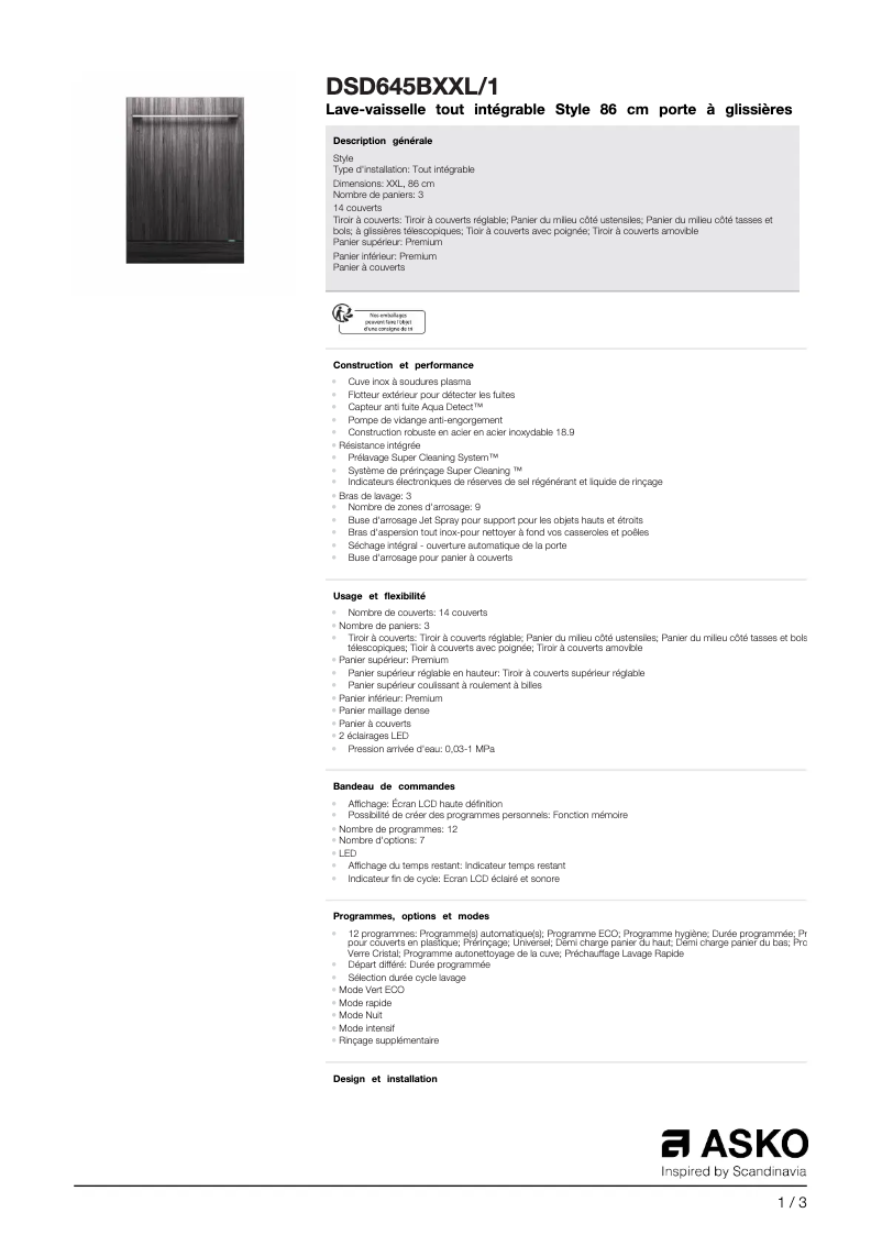 Page 1 de la notice Fiche technique Asko DSD645BXXL/1