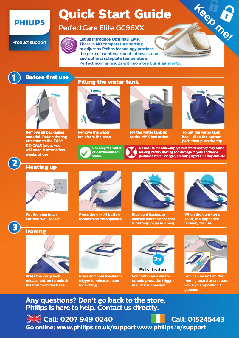 Page 1 de la notice Guide de démarrage rapide Philips PerfectCare Elite GC9630