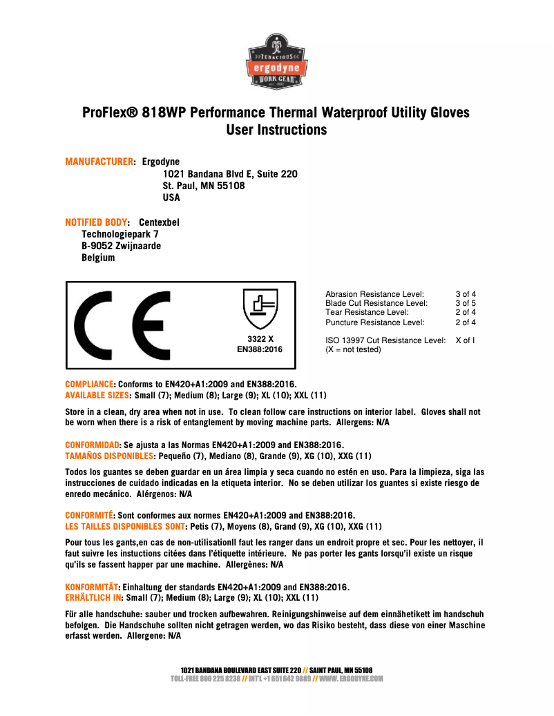 Page 1 de la notice Manuel utilisateur Ergodyne ProFlex 818WP