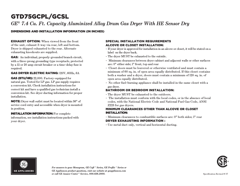Page 1 de la notice Fiche technique GE GTD75GCSLWS