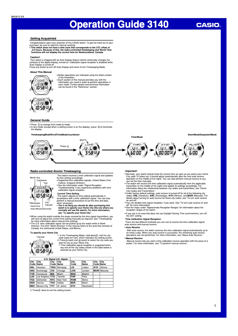 Page 1 de la notice Manuel utilisateur Casio Waveceptor WV200A-1AV