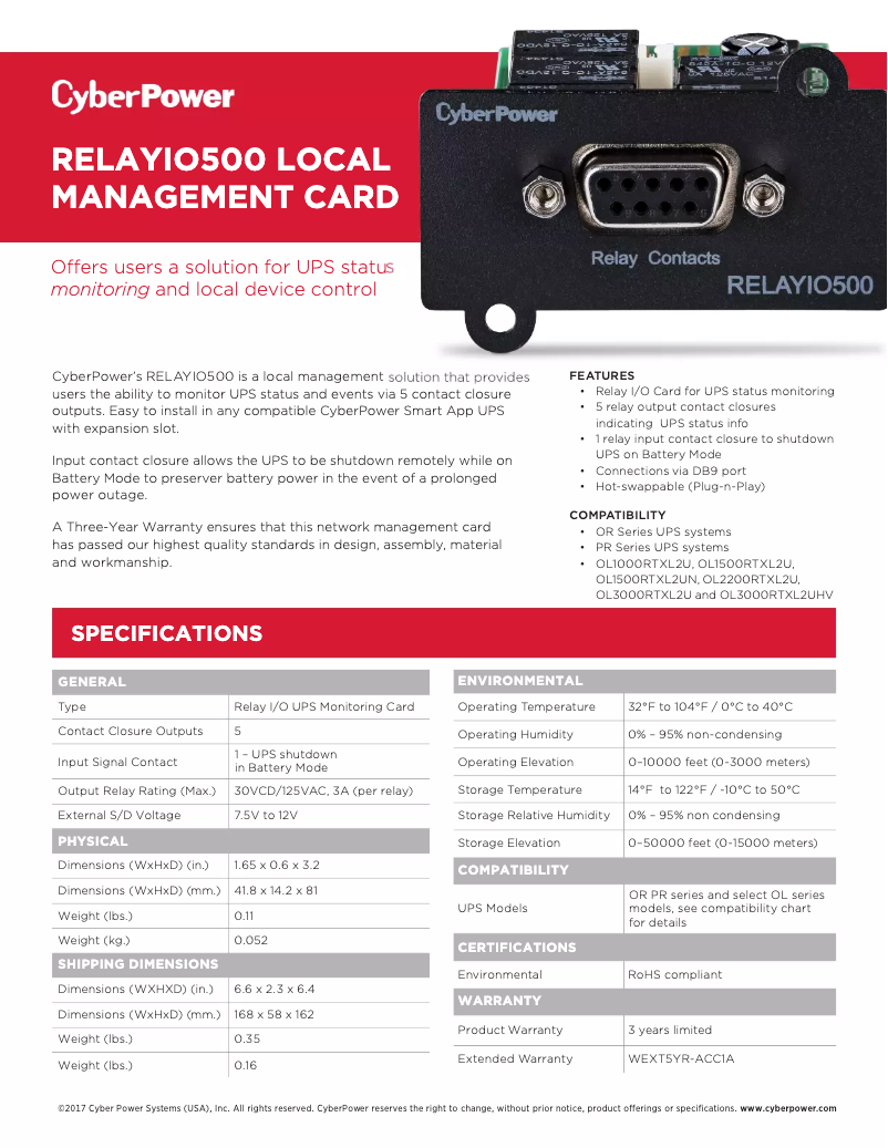 Página 1 del manual Ficha técnica CyberPower RELAYIO500