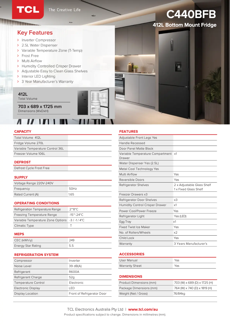 Page 1 de la notice Fiche technique TCL C440BFB