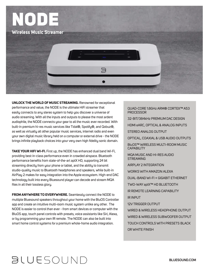 Page 1 de la notice Fiche technique Bluesound Node N130