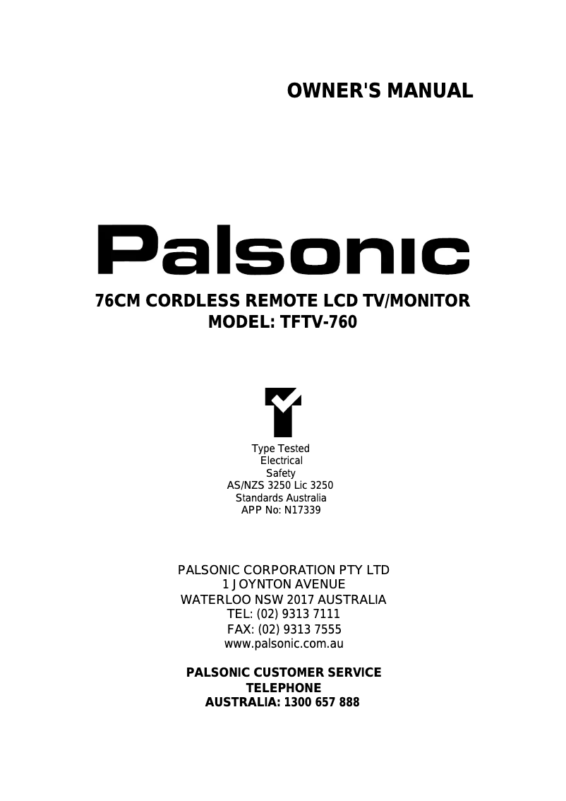 Page 1 de la notice Manuel utilisateur Palsonic TFTV760