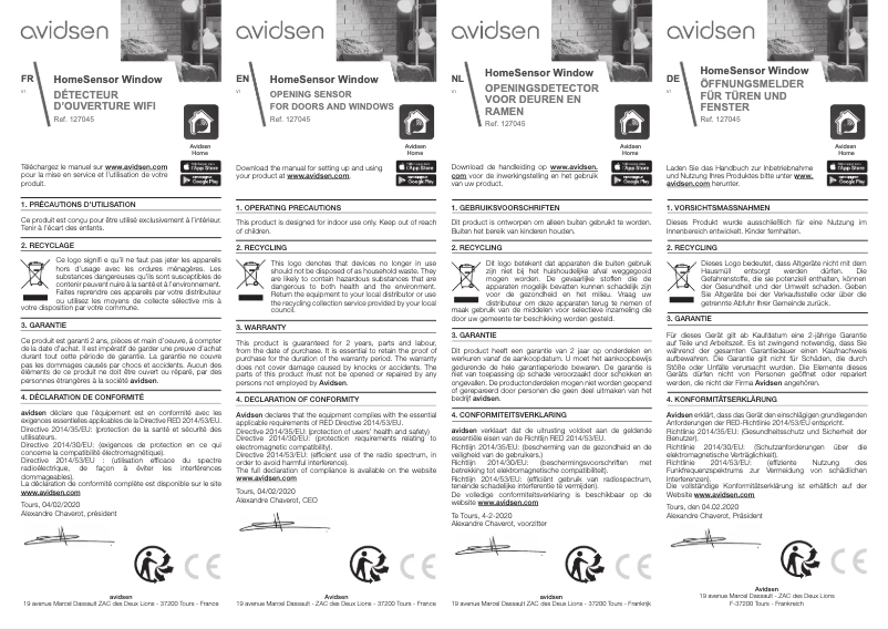 Page 1 of the manual User Manual Avidsen HomeSensor Window