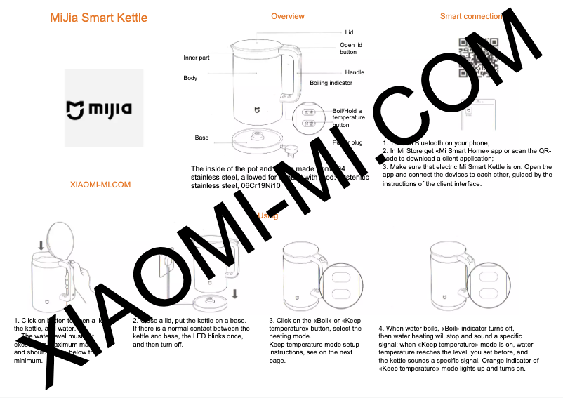 Page 1 de la notice Manuel utilisateur Xiaomi MiJia Smart Temperature Control Kettle