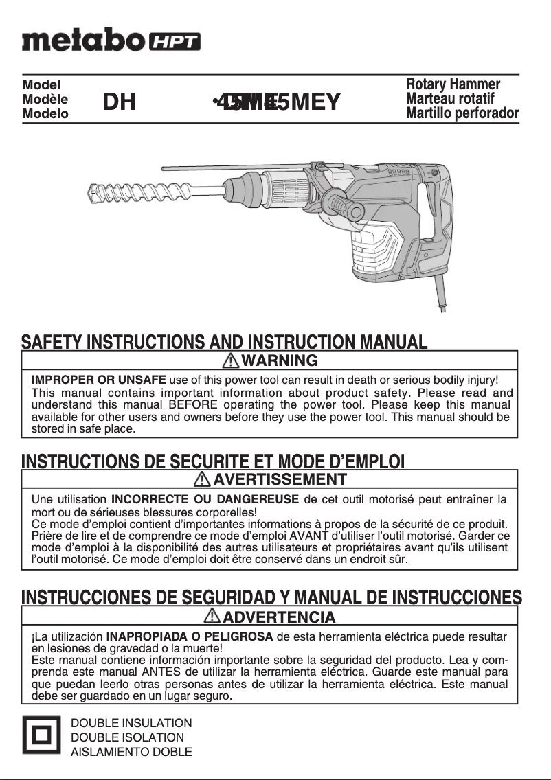 Page 1 de la notice Manuel utilisateur Metabo DH45MEY