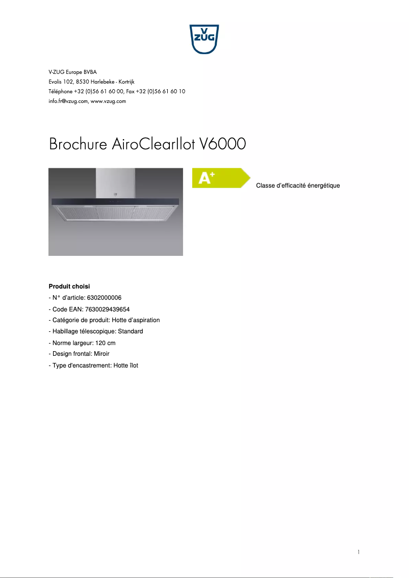 Page 1 de la notice Brochure V-Zug AiroClearIlot V6000