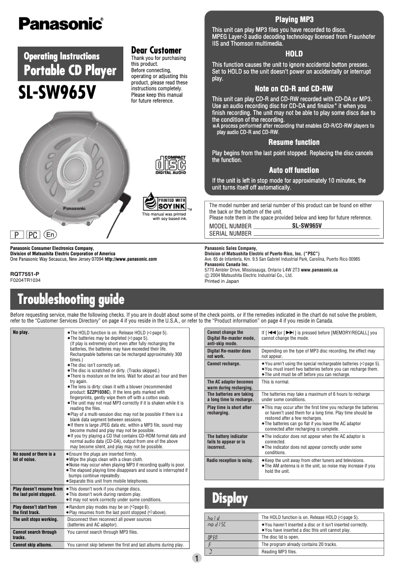 Página 1 del manual Manual de usuario Panasonic SL-SW965V