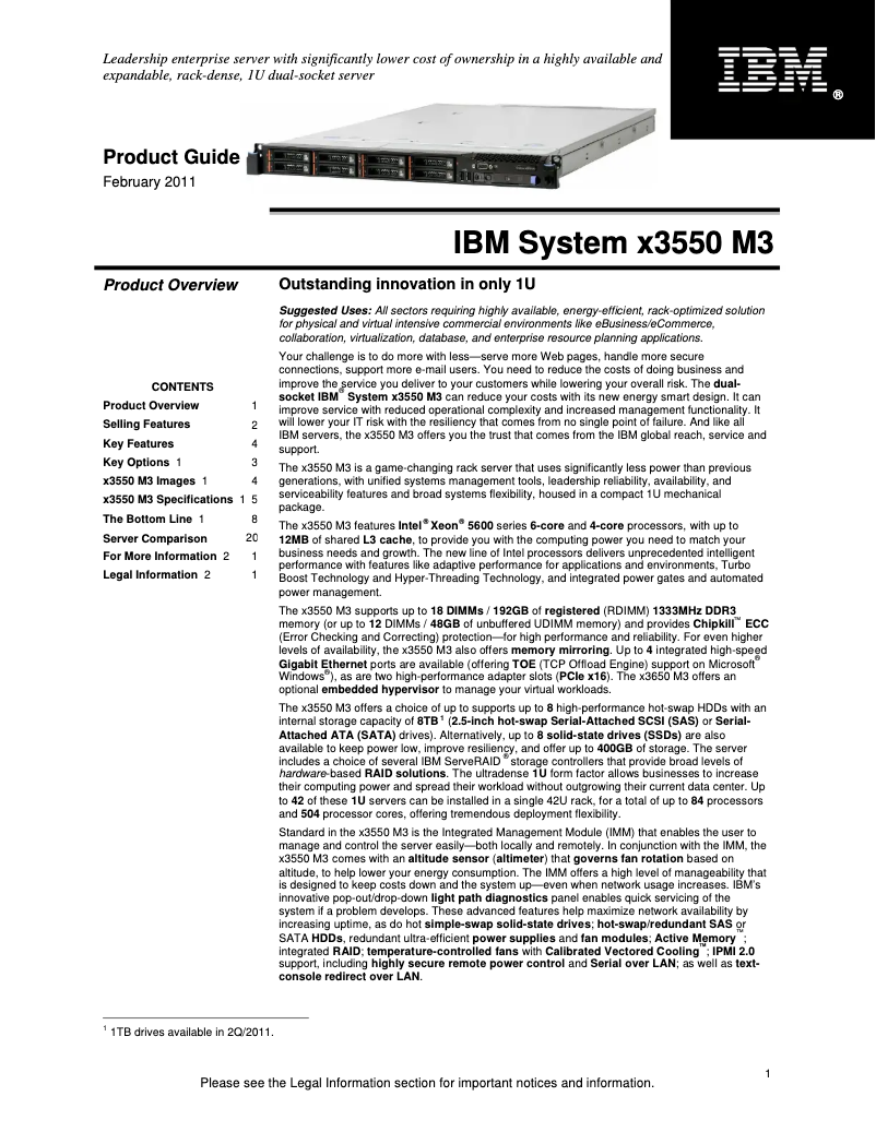 Page n°1 - Manuel utilisateur Lenovo eServer x3550 M3
