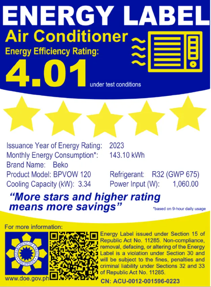 Page 1 de la notice Label énergétique Beko BPVOW 120