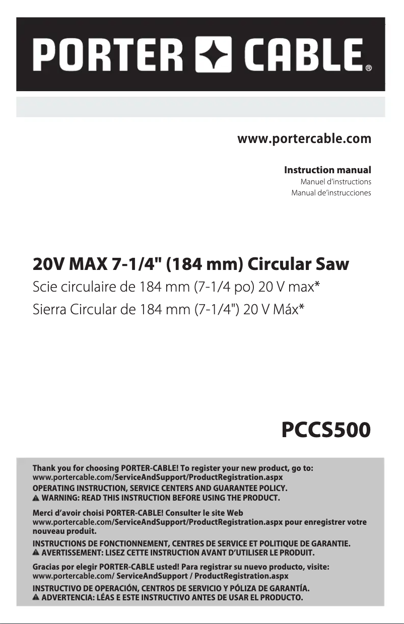 Page 1 de la notice Manuel utilisateur Porter-Cable PCCS500
