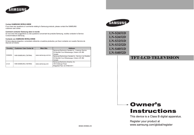 Page 1 de la notice Manuel utilisateur Samsung LN-S3252D