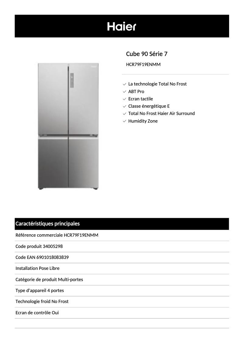 Page 1 de la notice Fiche technique Haier HCR79F19ENMM