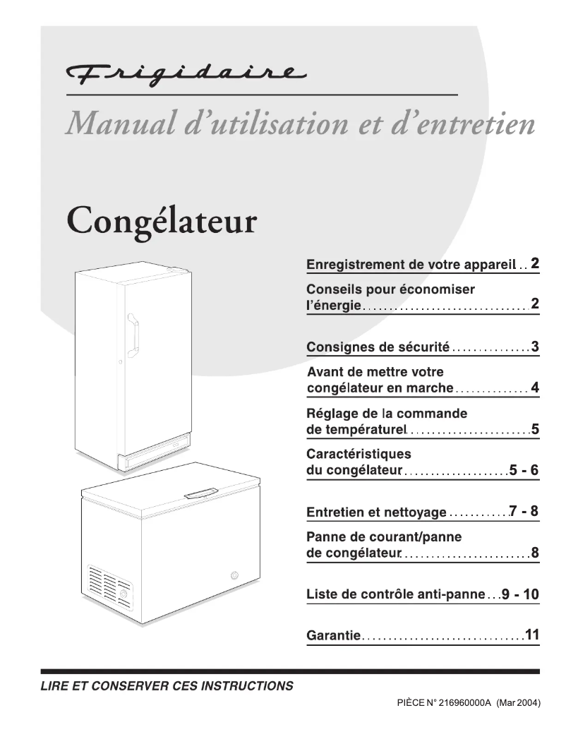 Page 1 de la notice Manuel utilisateur Frigidaire FFU11FC2CW